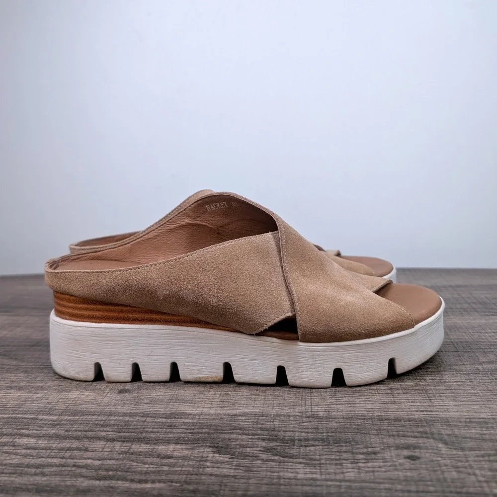 Anthropologie Silent D Racket Tan Suede‎ Crossover Platform Slide Sandals